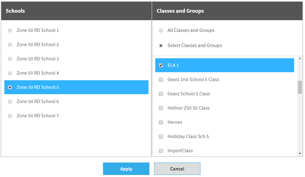 select a school, then select either all classes or specific classes and groups; finally, select Apply