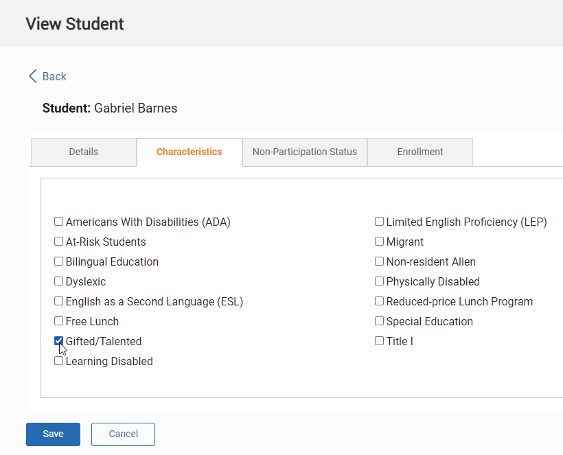 the View Student page and the Characteristics tab with one characteristic checked