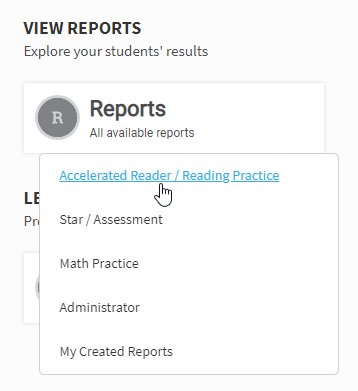 select Reports, then select Accelerated Reader / Reading Practice