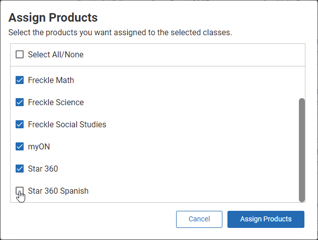 example of the assign products window with some products checked and the Assign Products button