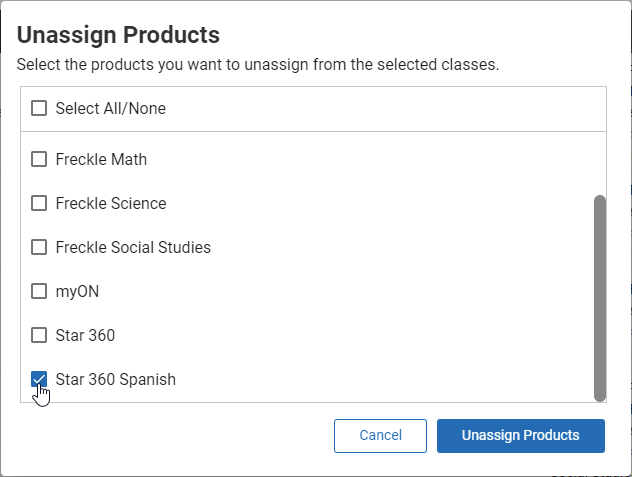 example of the Unassign Products window with one product checked and the Unassign Products button