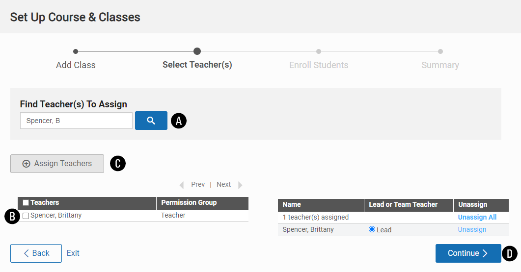 the Select Teachers page in the add class wizard