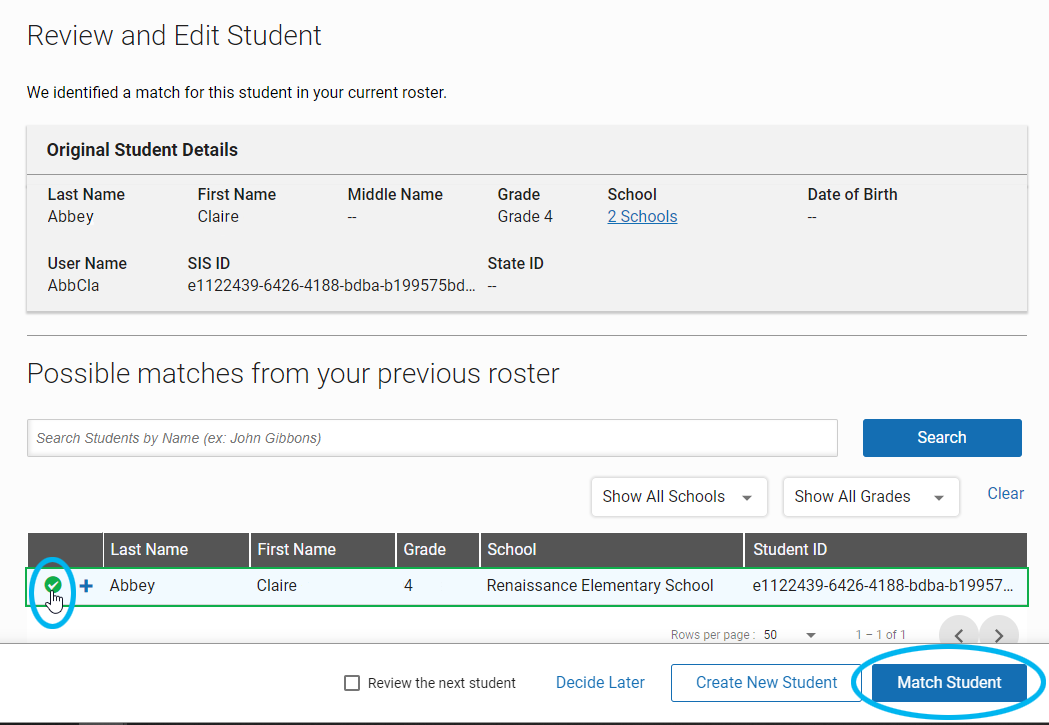 example showing a matching student selected and the Match Student button