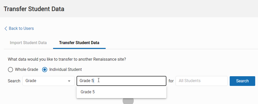 example showing grade selected for search, and a grade entered in the second field