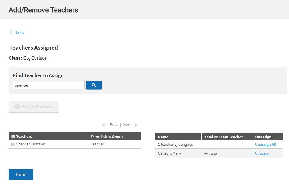 example of the Add/Remove Teachers page with one teacher assigned as the lead and a search for another teacher