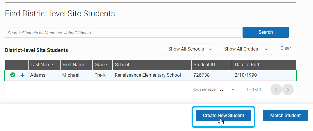 the Create New Student button for a student who should not be matched