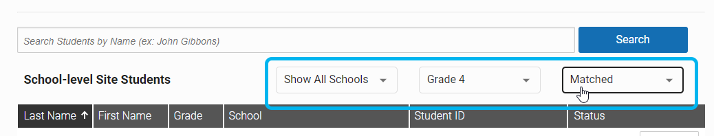 the drop-down lists for filtering the student list