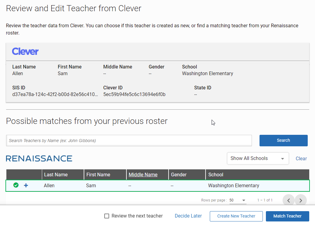 example of the Review and Edit Teacher from Clever page