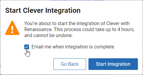 the Start Clever Integration with the email check box and the Start Integration button