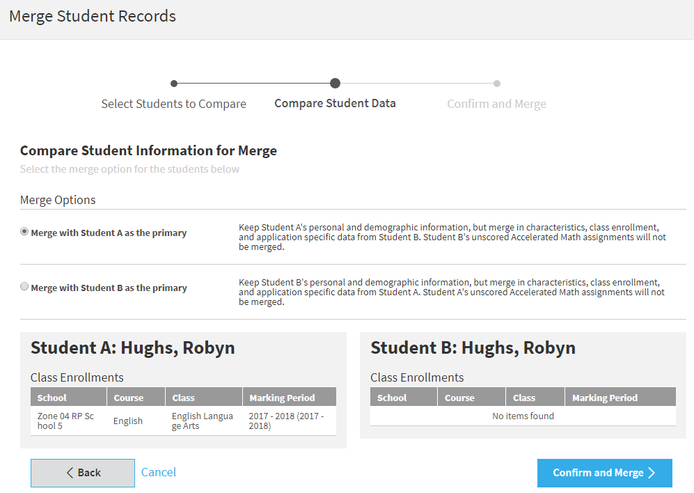 an example of a comparison between the records of two students