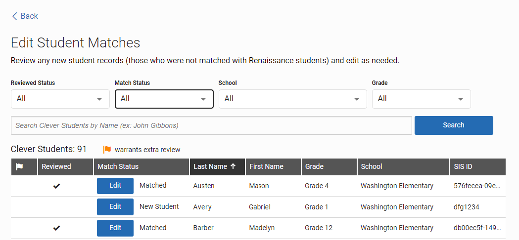 example of the Edit Student Matches page
