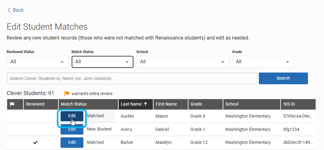 the Edit button for a student's match status