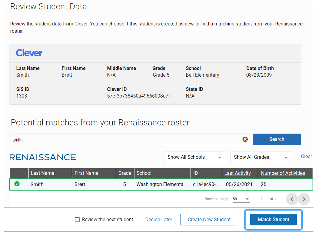 the Review Student Data page with the Match Student button