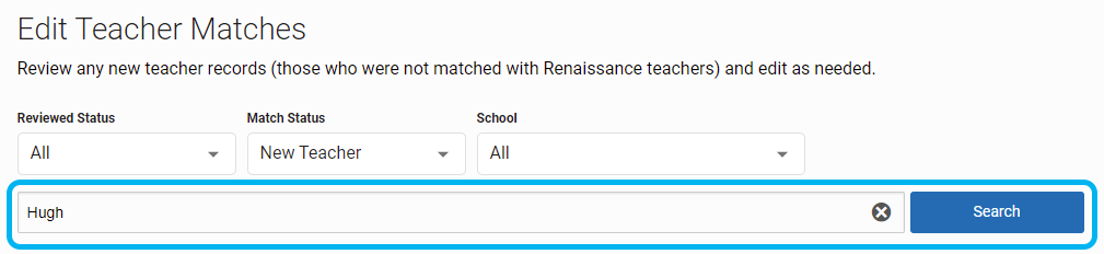 example of a search on the Edit Teacher Matches page