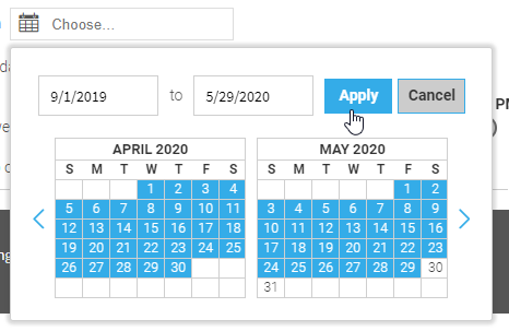 example showing the start and end dates selected and the Apply button