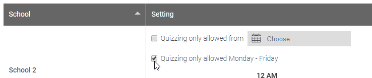 the check box for allowing quizzes only on weekdays