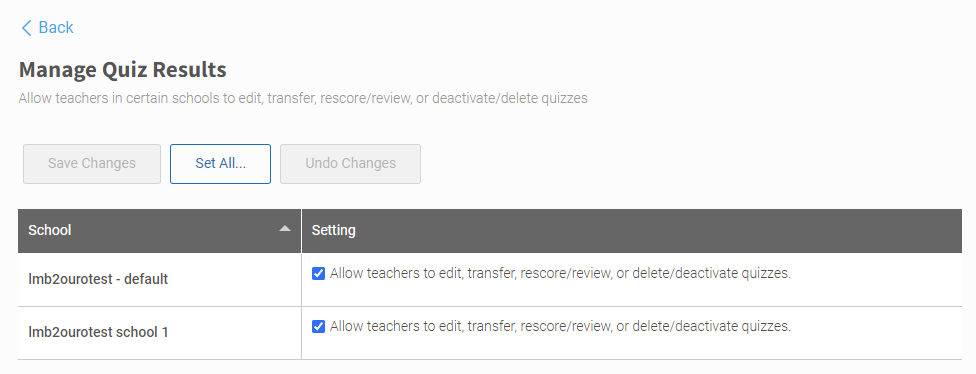 the Manage Quiz Results preference page with a check box for each school