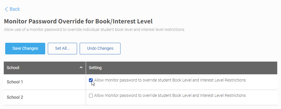the preference page with a check box for each school