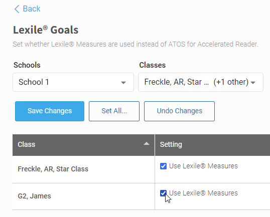 the Lexile Goals preference page with the Use Lexile Measures check box for each school