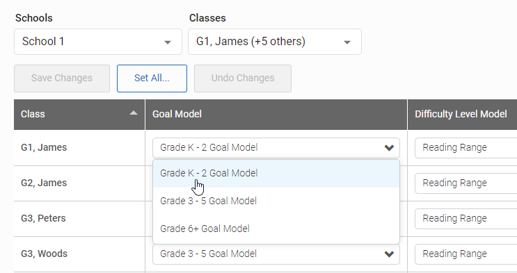 use the first drop-down list to choose the goal model to use for each class