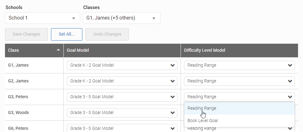 use the second drop-down list to choose reading range or average book level goal