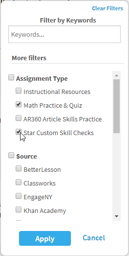 the filters with math practice and quiz and star custom skill checks selected