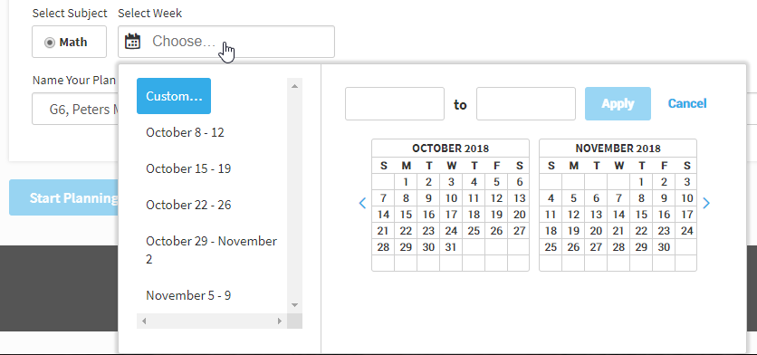 the Select Week drop-down list with the Custom option with a calendar and the options for each week