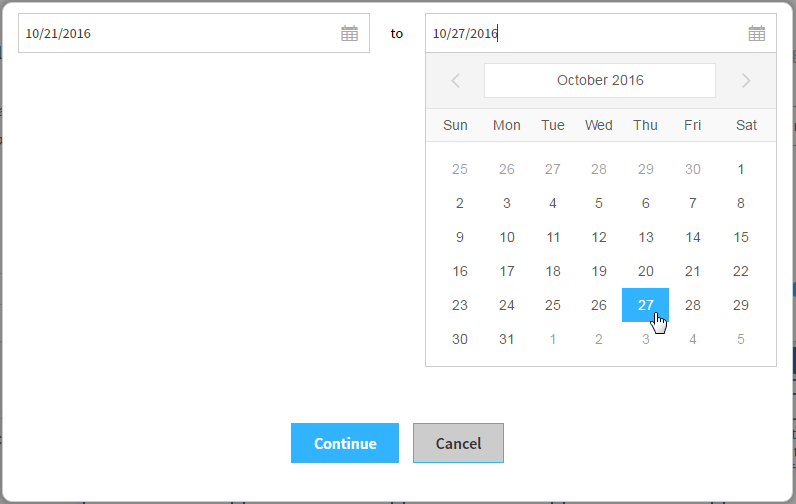 example of the calendar used to select a custom date range