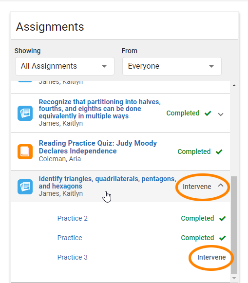 an assignment marked Intervene selected in a student's list with two practices marked completed and one marked Intervene