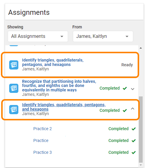 a student's assignment list with the original Intervene status marked Completed and a new assignment Ready for the subskill