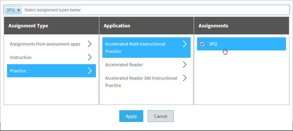 the assignment type selection window with Practice, Accelerated Math Instructional Practice, and 3PQ selected
