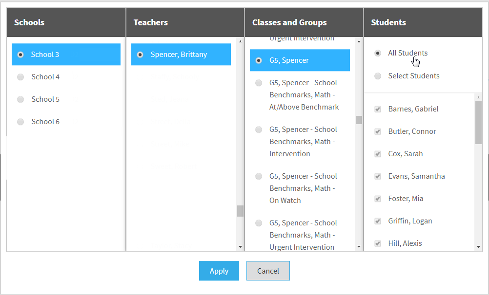 an example of the student selection window with one school, one teacher, one class, and all students in the class selected