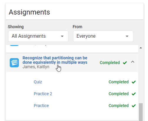 a completed subskill selected in a student's Assignments list with two completed practices and one completed quiz