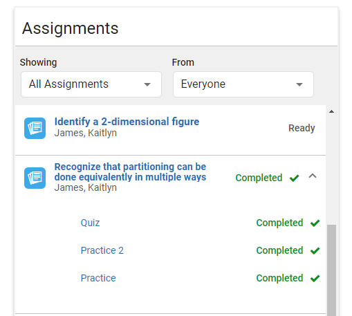 an assigned subskill expanded in the Assignments list showing two practices and a quiz completed