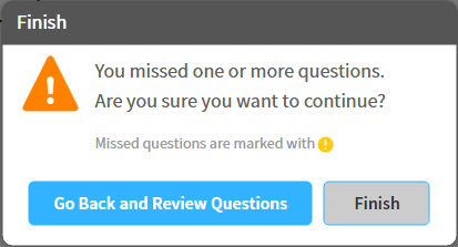 the Finish message with options to Go Back and Review Questions or to Finish
