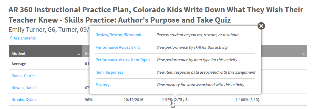 a student's skills practice score selected and the available links