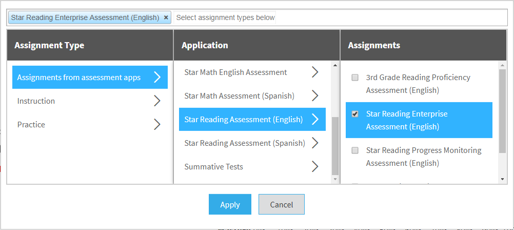 example of the assignment selection window with English Star Reading Enterprise tests selected