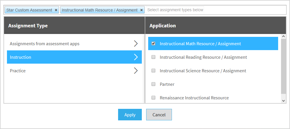 example of the assignment selection window with instruction and instructional math resource/assignment selected