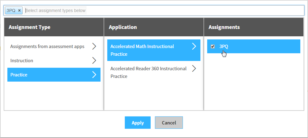 example of the assignment selection window with Accelerated Math Instructional Practice 3PQ assignments selected
