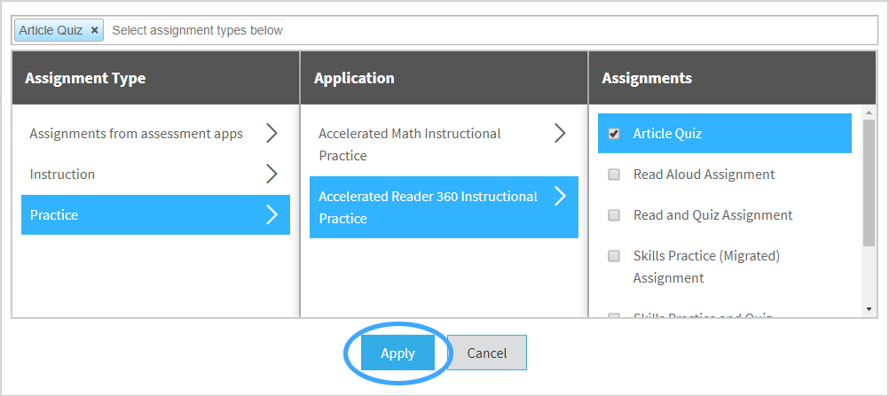 the Apply button in the assignment selection window