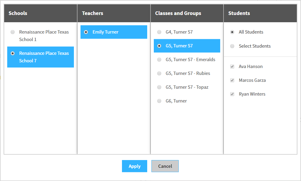 an example of the selection window showing one school, one teacher, one class, and all students in the class selected