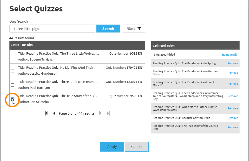 example of a search for a quiz with one quiz checked and the selected titles for labels listed on the right