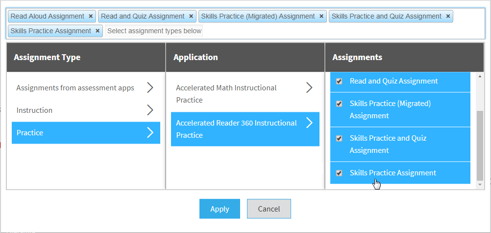 example of the assignment selection window with all AR 360 instructional practice assignment types selected