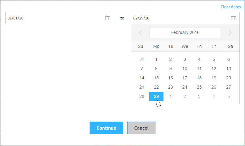 example of the calendar used to select a custom date range