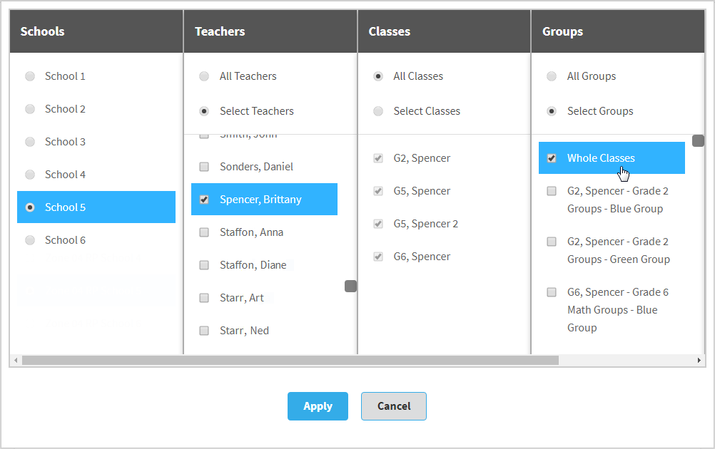 example of the selection window with one school, teacher, class, and whole classes selected