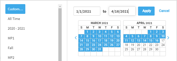 example of the calendar used to select a custom date range