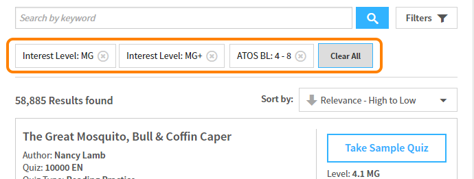 interest level and ATOS BL filters selected with a Clear All button