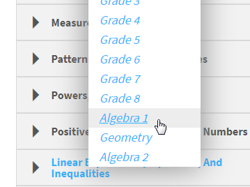 Algebra 1, Geometry, and Algebra 2 at the bottom of the grade drop-down list