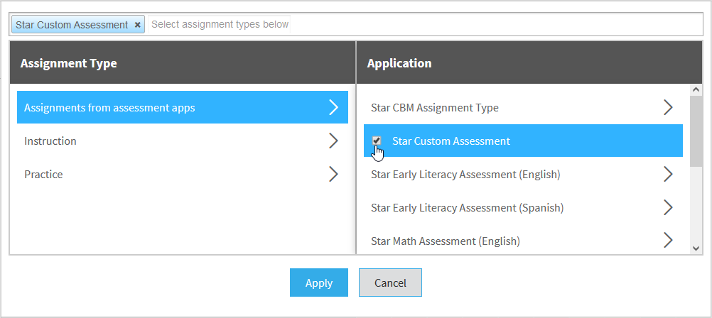 example of the selection window with Assignments from assessment apps and Star Custom Assessment selected