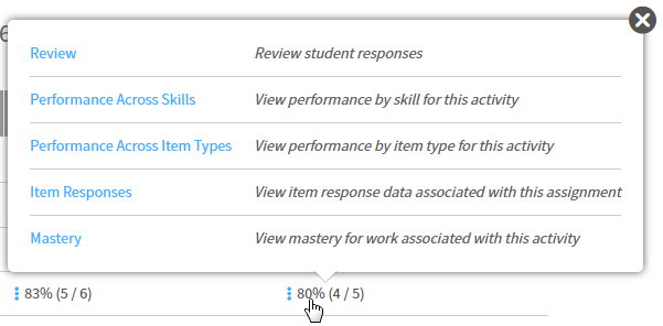 a score selected with the available popup links